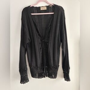 Vintage Crochet-Trim Black Open Cardigan Sweater